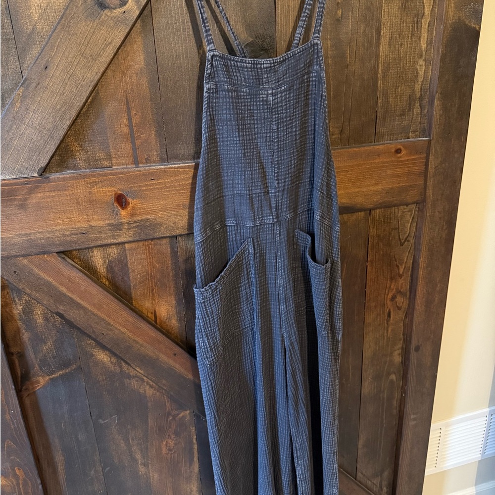 Easel Cotton Gauze Slate Blue Wide-Leg Jumpsuit